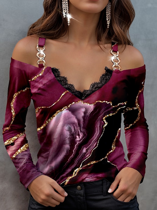  Dames Overhemd Blouse Grafisch Abstract Afdrukken Kanten versieringen Casual Modieus Koude schouder Lange mouw V-hals Zwart Lente & Herfst