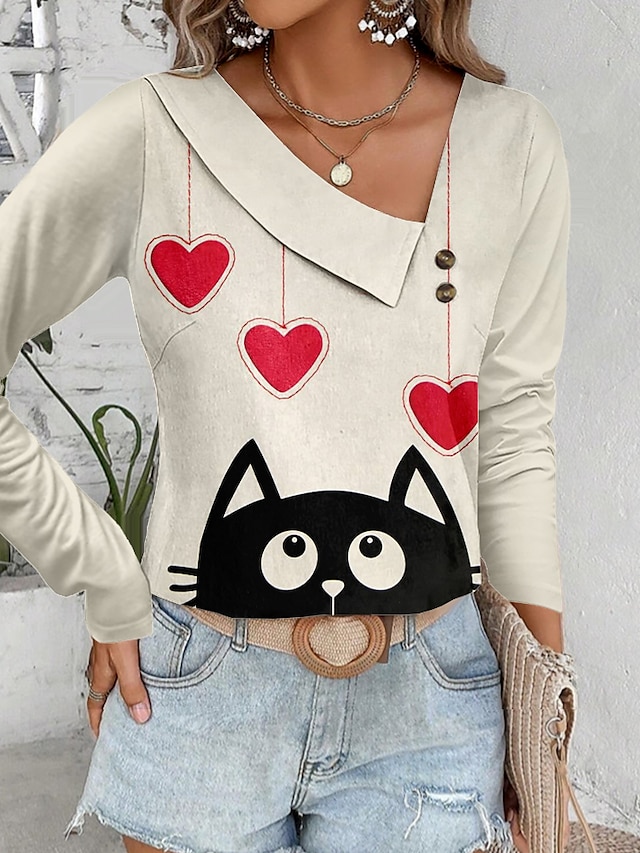  Women's Shirt Blouse Heart Cat Casual Going out Button Print Red Long Sleeve Fashion V Neck Spring &  Fall