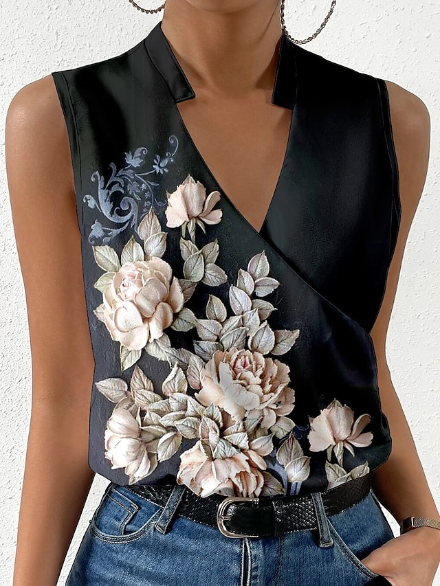  Pentru femei Bluză Floral Imprimeu Casual Concediu Modă Fără manșon În V Negru Vară