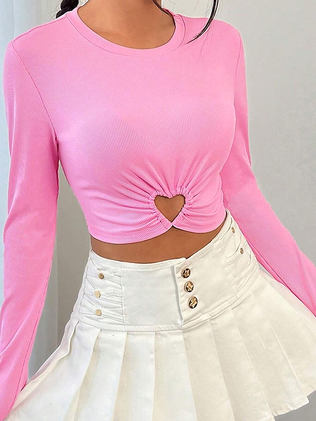  クロップTシャツ 女性用 ピンク 平織り 切り抜き 日常 お出かけ ファッション 近代の ラウンドネック スリム S