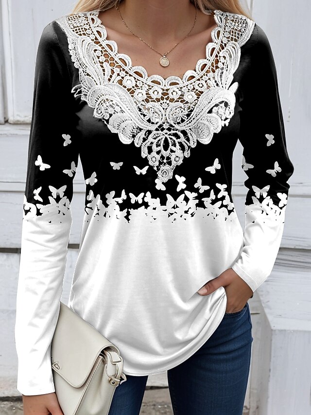 Women's Blouse Tunic Lace Splicing V Neck Long Sleeve Butterfly Abstract Lace Patchwork Print Regular Tops Round Neck Casual Black White Blue Khaki Gray Spring & Fall Prefall 6