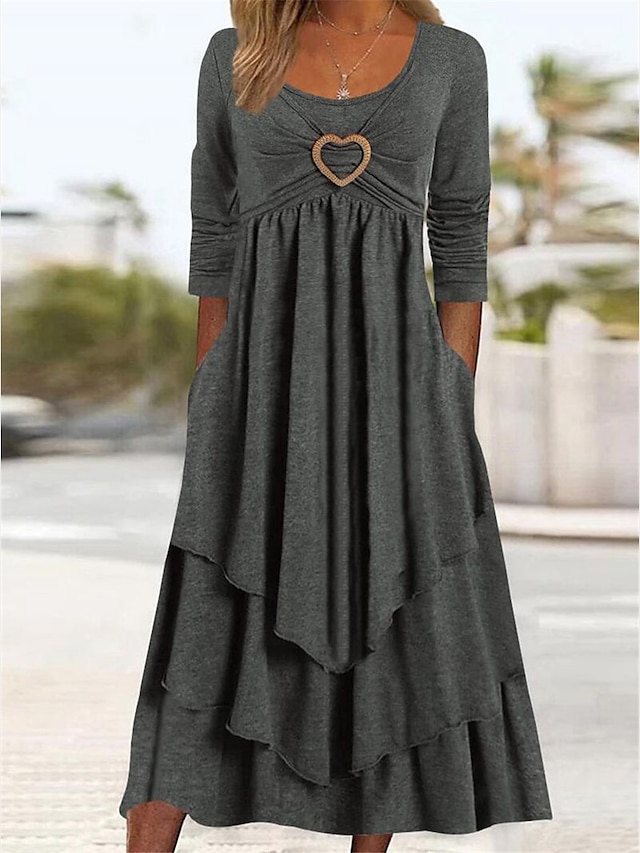  Women's Casual Dress Midi Dress Ruffle Embroidered Date Streetwear Basic Crew Neck Long Sleeve Burgundy Brown Light Grey Color