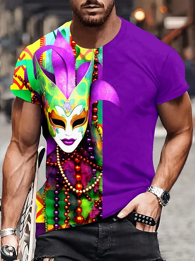 Men's Graphic Feathers Mask Mardi Gras Short Sleeve T shirt 3D Print Crew Neck Shirt Fashion Artistic Abstract Party Casual Holiday Purple Gold Green Summer Clothing Apparel Normal S M L XL XXL XXXL3