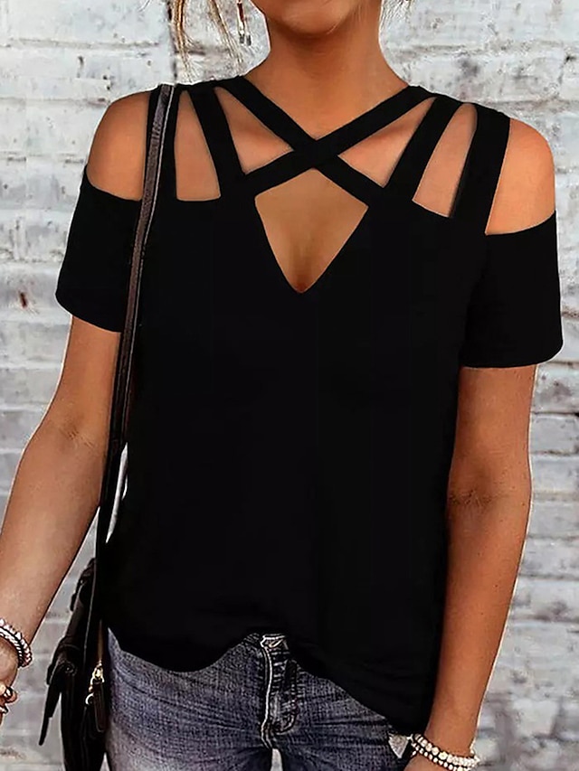  Μπλουζάκι Γυναικεία Μαύρο Συμπαγές Χρώμα Με κοψίματα Δρόμος Καθημερινά Μοντέρνα Λαιμόκοψη V Κανονικό Τ