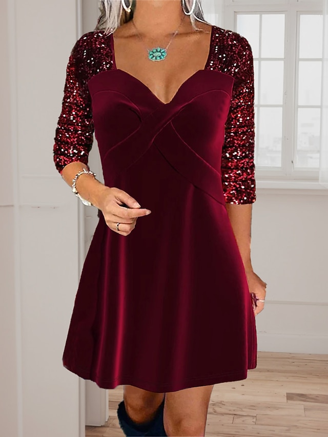  női party ruha bor vörös bársony ruha flitter ruha mini ruha hosszú ujjú csillag flitter tavasz ősz tél szögletes nyak divat
