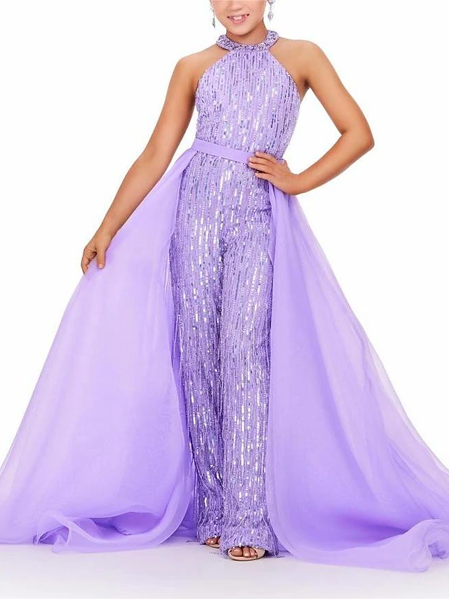 Two Piece Sweep / Brush Train Flower Girl Dress Birthday Girls Cute Prom Dress Organza with Feathers / Fur Star Fit 3-16 Years3