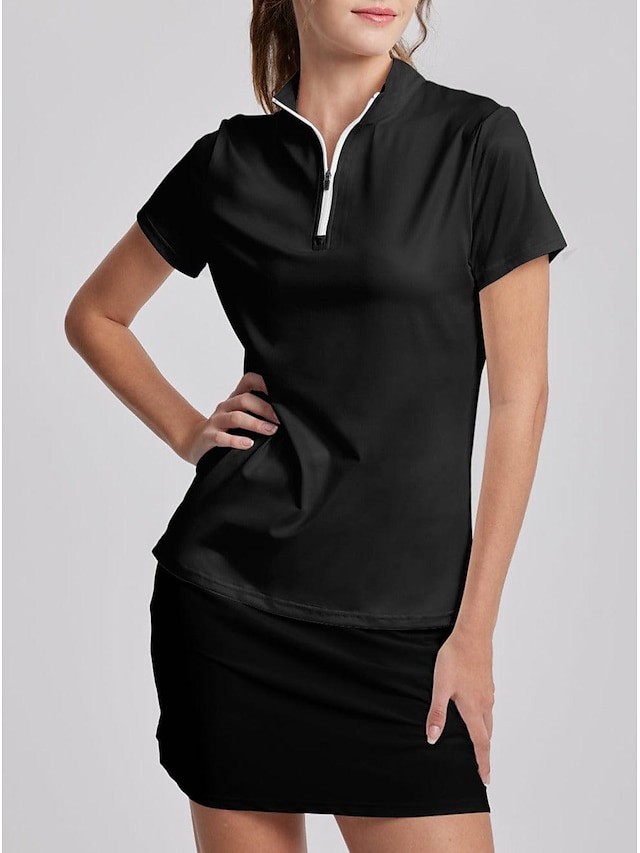  Women's Golf Polo Shirt Black White Short Sleeve Sun Protection Top Ladies Golf Attire Clothes Outfits Wear Apparel