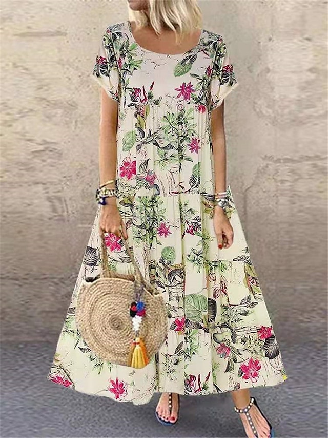  Women's Casual Dress Floral Print Crew Neck Long Dress Maxi Dress Vacation Short Sleeve Summer