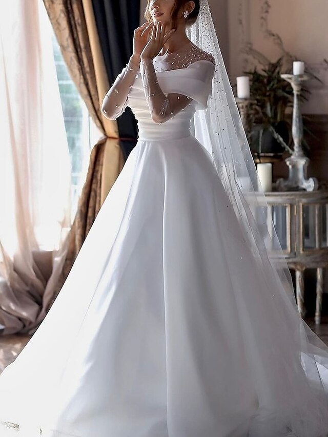 Simple Wedding Dresses Wedding Dresses A-Line V Neck Long Sleeve Court ...