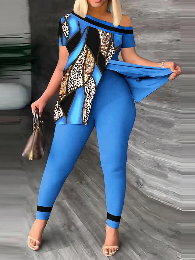 Women's Fashion Shirt Pants Sets Pants Trousers Short Sleeve One Shoulder Leopard Print Casual Daily Yellow Red Blue Spring & Summer Regular Fit 16