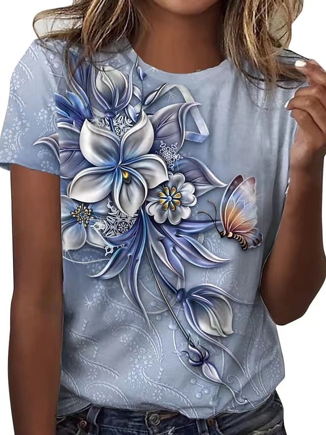  Women's T shirt Tee Floral Butterfly Casual Holiday Print Blue Short Sleeve Fashion Round Neck Summer