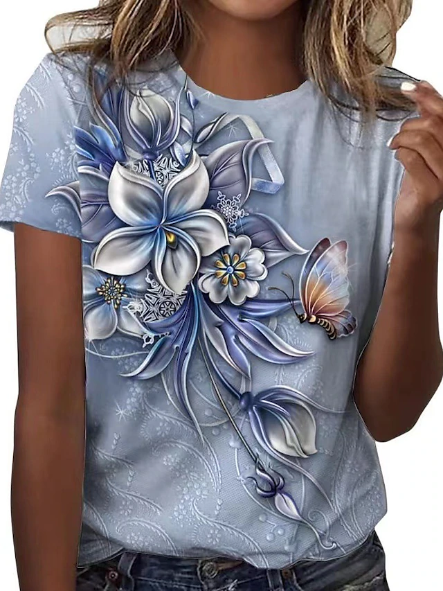 Women's T Shirt Fashion Floral Butterfly Print Short Sleeve Regular Tops Round Neck Casual Holiday Blue Summer4