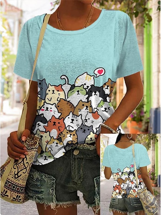 Women's T shirt Tee Cat Print Daily Weekend Fashion Funny Short Sleeve ...