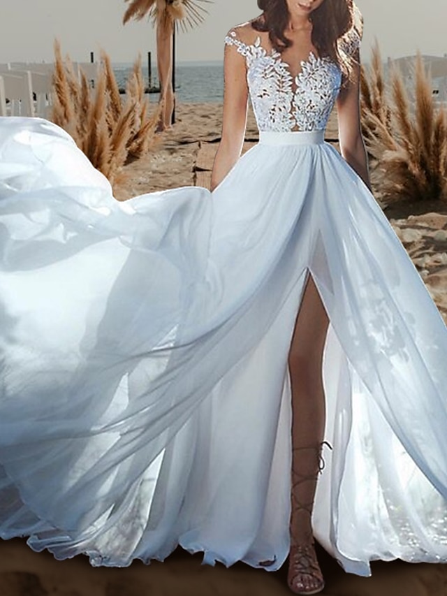Beach Open Back Wedding Dresses A-Line Illusion Neck Cap Sleeve Court ...