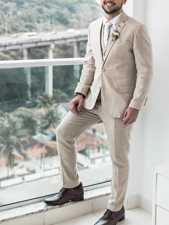 Men's Beige Besom Two Pockets  Beach Wedding Suit main image 1