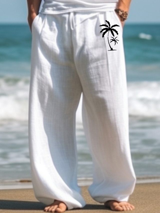  Ανδρικά Λευκά παντελόνια Παντελόνια Καλοκαίρι παντελόνι Παντελόνι παραλίας Κορδόνι Ελαστική μέση Ισιο πόδι Ρόμβος Άνεση Αναπνέει Causal Καθημερινά Αργίες 40% λευκά είδη Εθνοτικό στυλ Απλός Λευκό