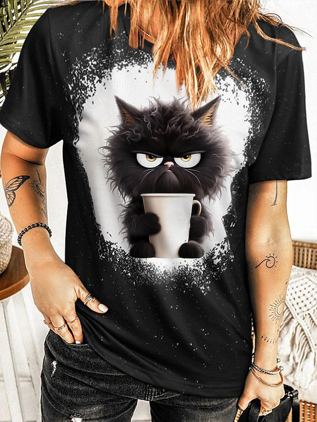 Women's T Shirt Cat Fashion Funny Short Sleeve Round Neck Regular Tops Daily Weekend Print Black Summer 9