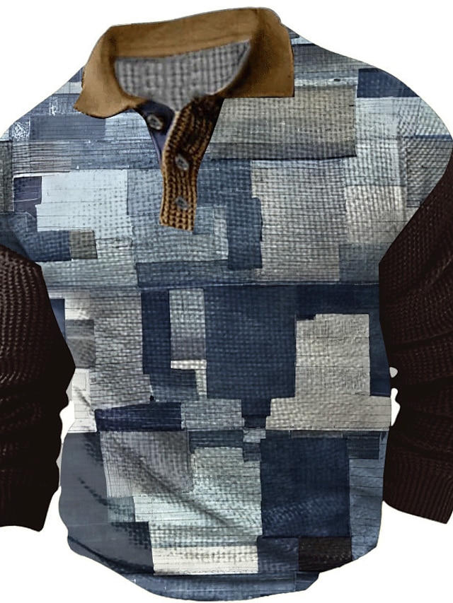 Herren Karomuster Waffel-Poloshirts Golfshirt Langarm Polo-Shirts Hemden mit Kragen Vintage Lässig Urlaubskleidung Formelle Kleidung Festivalkleidung Knöpfe 3D-Druck Frühling Schwarz Marineblau Braun