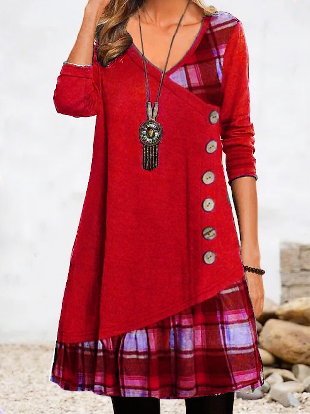  Damen Casual kleid Winter Kleid Plaid Patchwork Bedruckt V Ausschnitt Midikleid Verabredung Langarm Herbst Winter
