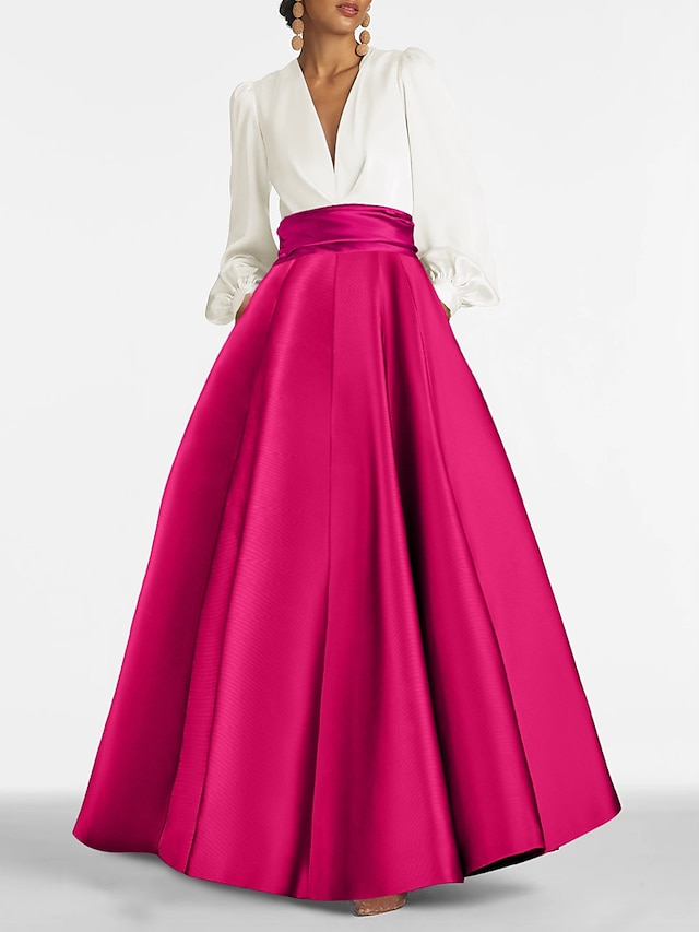  A-Line Evening Gown Elegant Wedding Guest Dress Formal Prom Floor Length Long Sleeve V Neck Satin with Ruched 2024