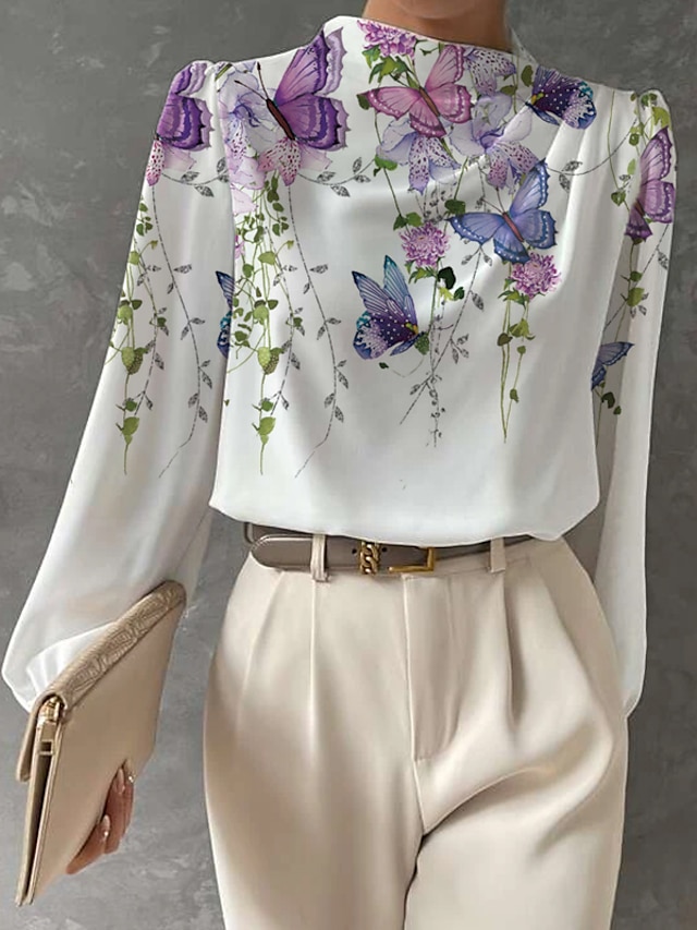  Women's Shirt Blouse Floral Butterfly Print Work Fashion Long Sleeve Round Neck Royal Blue Spring &  Fall