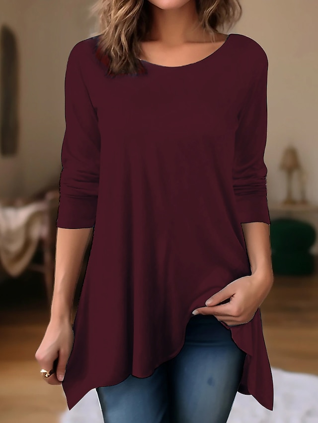  Damen Tunika T-Shirt Einfarbig Mode täglich Basic Lange Ärmel Rundhals Lange Oberteile Lässig täglich Wochenende Fließende Tunika Schwarz Weiß Rot Herbst  Winter