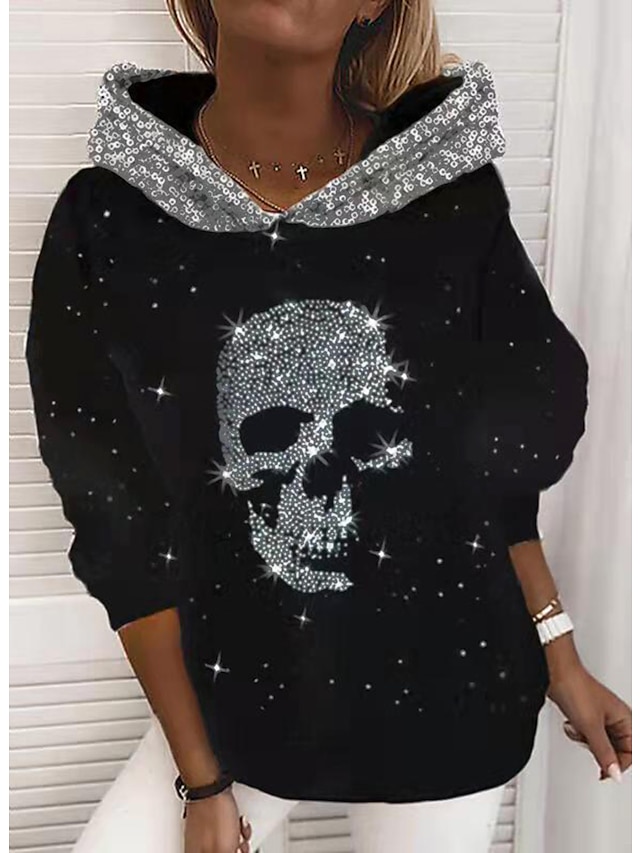  Dame Pullover-hættetrøje bluse Grafisk Dødningehoveder sparkly Trykt mønster Weekend 3D-udskrivning Aktiv Gade Tøj Hættetrøjer Sweatshirts Grøn Sort