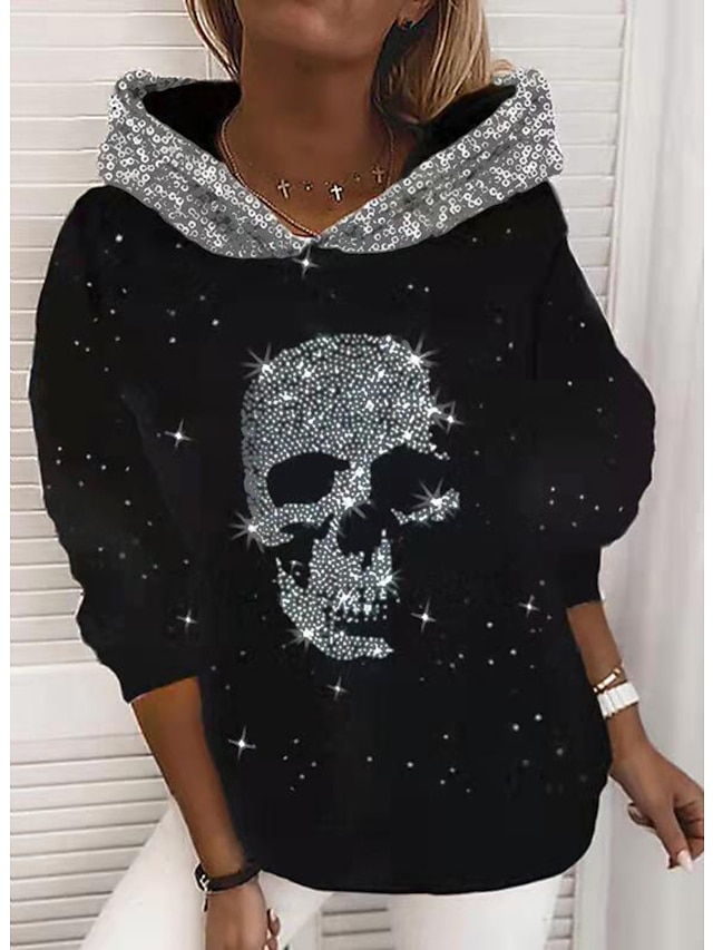  Femme Sweat à capuche Sweat Graphic Crânes Scintillant Imprimer Fin de semaine 3D effet Actif Vêtement de rue Vêtement Tenue Pulls Capuche Pulls molletonnés Vert Noir