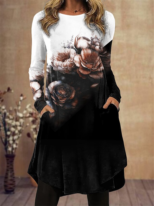 Women's Casual Dress Winter Dress Rose Print Pocket Crew Neck Midi