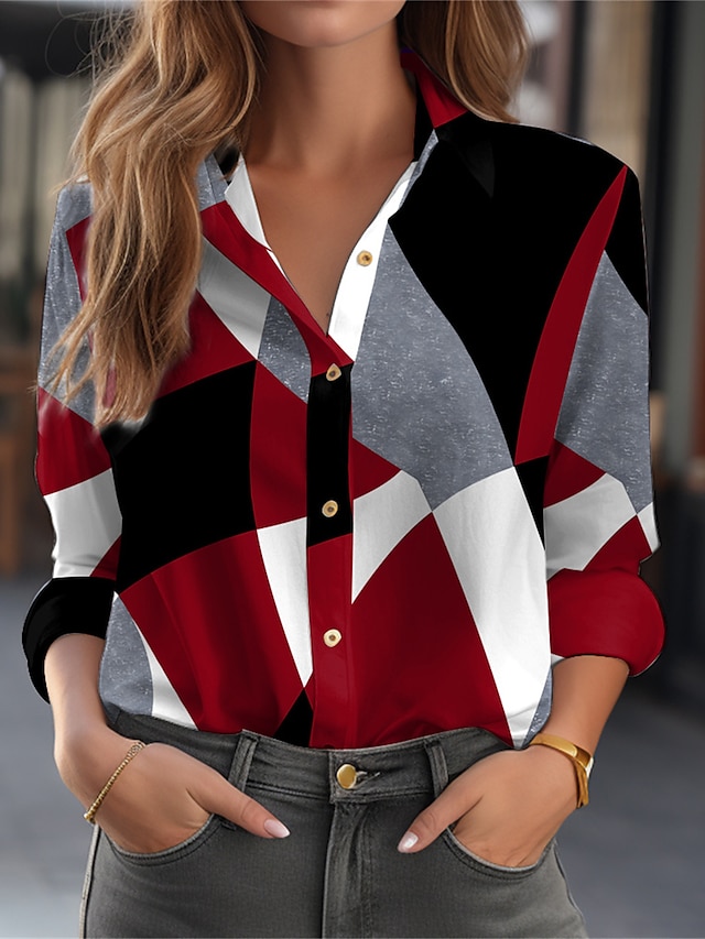  Women's Shirt Blouse Geometric Button Print Casual Fashion Long Sleeve Shirt Collar Red Spring &  Fall