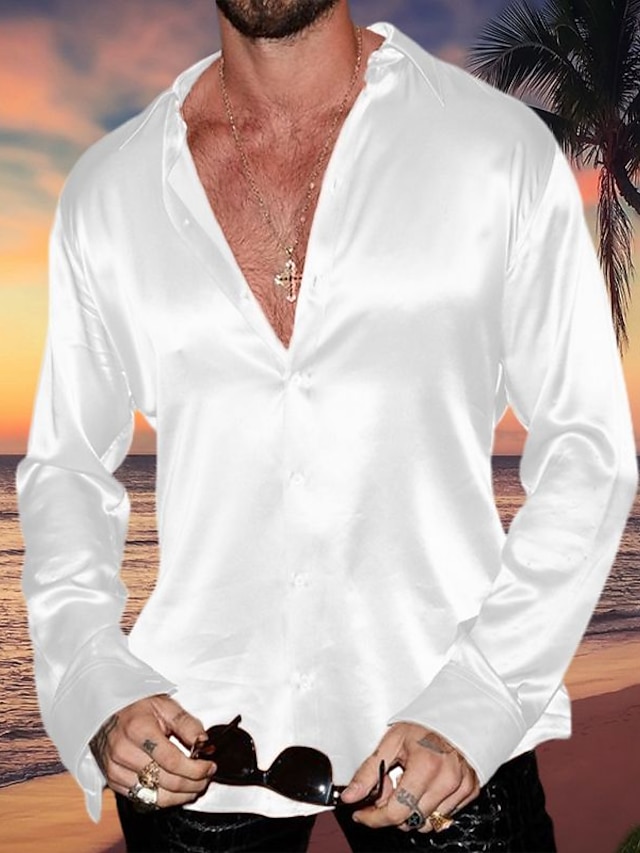  Hombre Camisa Abotonar la camisa Camisa casual Camisa de satén de seda Negro Blanco Rojo Azul Piscina Verde Trébol Manga Larga Plano Diseño Diario Vacaciones Ropa Moda Casual Cómodo