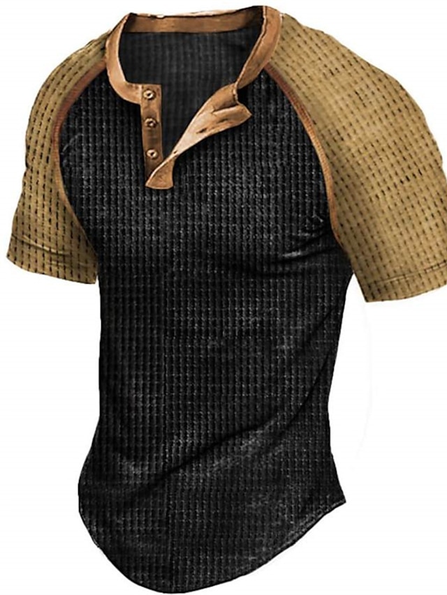  Per uomo Camicia Henley T-shirt in maglia waffle T-shirt Color Block Henley Strada Da mare Maniche corte Collage Abbigliamento Vintage Originale Essenziale