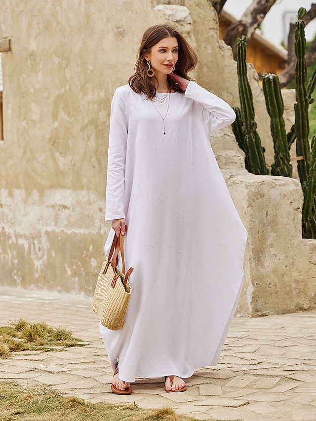  Γυναικεία Λευκό φόρεμα Μακρύ Φόρεμα Μάξι Φόρεμα Λινό Τσέπη Διακοπές Παραλία Μάξι Βασικό Στρογγυλή Ψηλή Λαιμόκοψη Μακρυμάνικο Λευκό Χρώμα