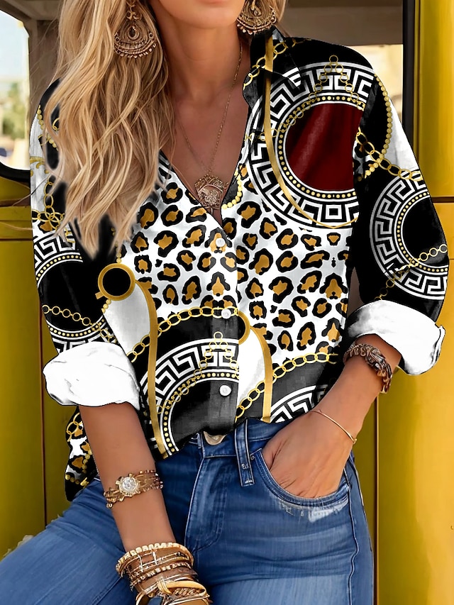  Dame Skjorte Bluse Leopard Afslappet Knap Trykt mønster Sort Langærmet Mode Krave Forår & Vinter