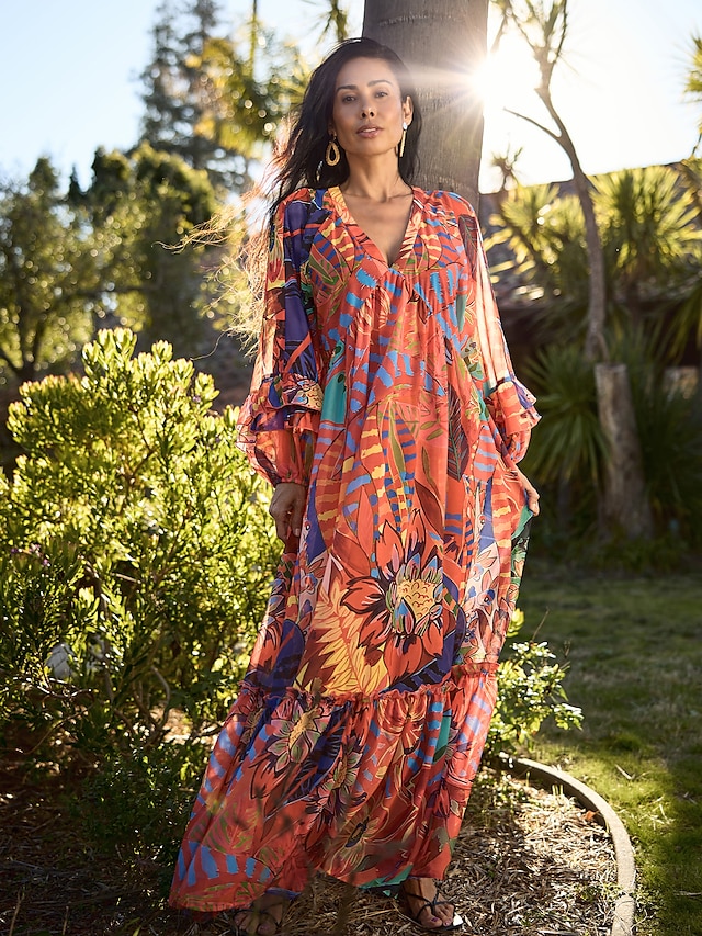  vestido maxi com estampa floral e decote em V