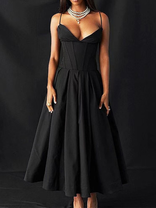  Γυναικεία Μαύρο φόρεμα Φόρεμα χορού Φόρεμα για πάρτυ Σουρωτά Αμάνικο Γενέθλια Διακοπές Κομψό Μαύρο Καλοκαίρι Άνοιξη