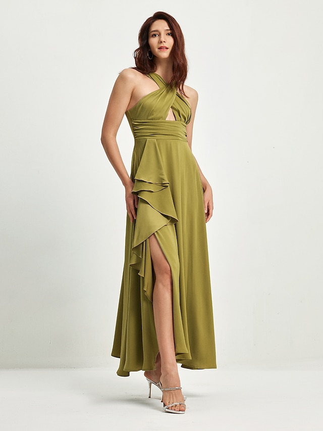  שמלת קוקטייל מקסי לנשים בצבע סאטן ירוק צווארון גב שסע קדמי חתוך סלסול א-סימטרי