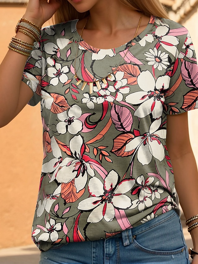  Pentru femei Tricou Floral Imprimeu Casual Concediu Ieșire Modă Manșon scurt Rotund Galben Vară
