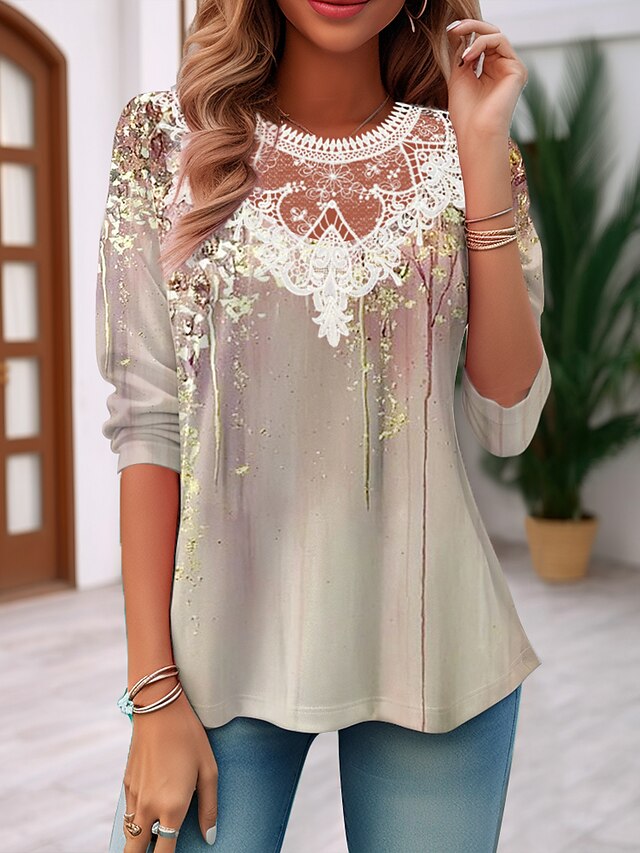 Women's Shirt Blouse Lace Patchwork Print Casual Fashion Long Sleeve ...