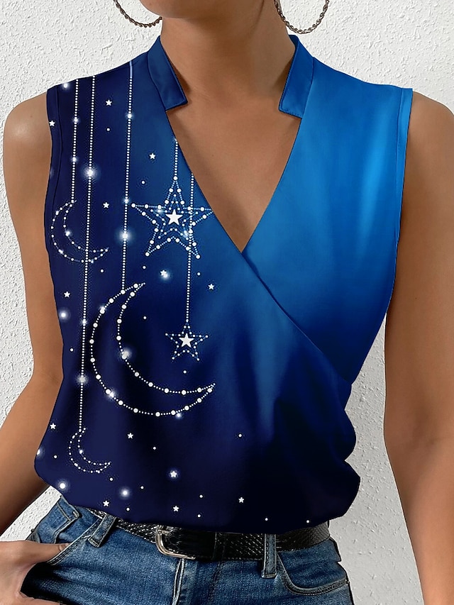  Pentru femei Bluză Galaxie Imprimeu Casual Modă Fără manșon În V Negru Vară