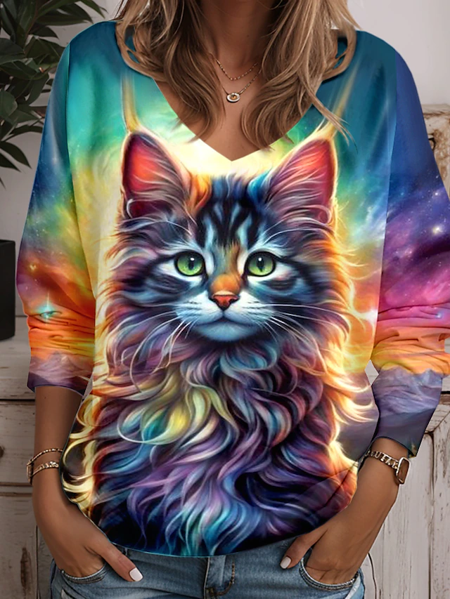 Women's Tunic T Shirt Animal Cat Fashion Funny Long Sleeve V Neck Regular Tops Daily Weekend Print Yellow Blue Purple Green Light Blue Spring & Fall 6