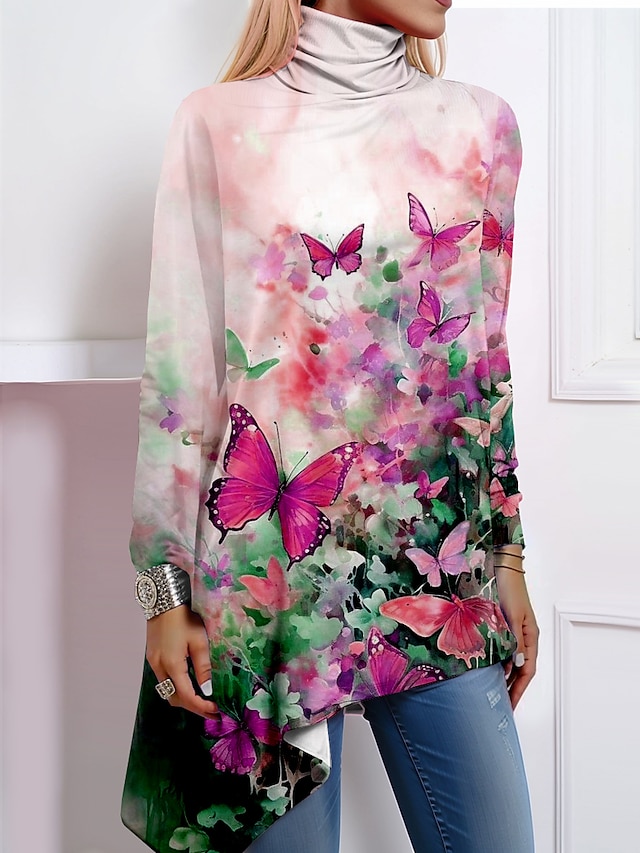  Tricou de femei fashion imprimeu cu fluturi fustă asimetrică cu mânecă lungă tops lungi guler înalt casual galben roz albastru primăvară și toamnă