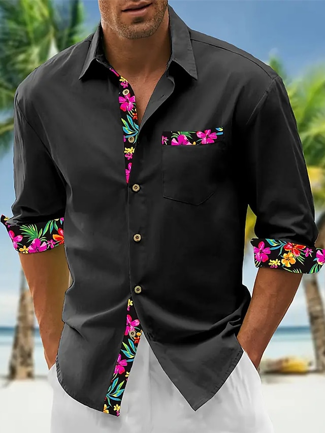  Hombre Camisa camisa de lino Abotonar la camisa Camisa de playa Negro Blanco Rosa Manga Larga Floral Diseño Primavera & Otoño Casual Diario Ropa Empalme
