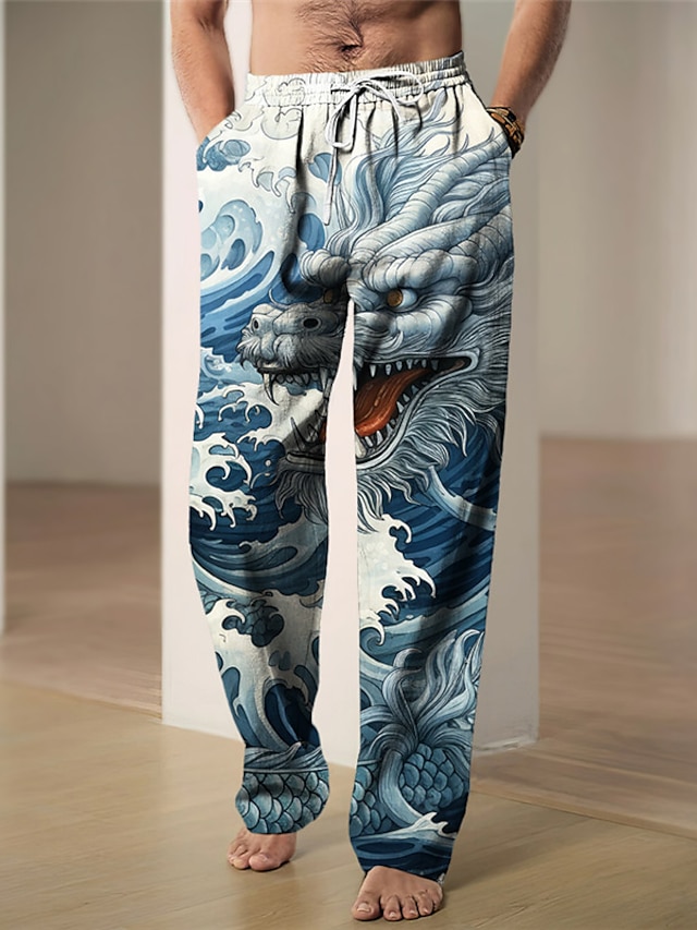  Smok Zabytkowe Męskie Druk 3D Spodnie Na zewnątrz Dzienne zużycie Streetwear Poliester Niebieski Brązowy Koniczyna S M L Średia talia Elastyczność Spodnie