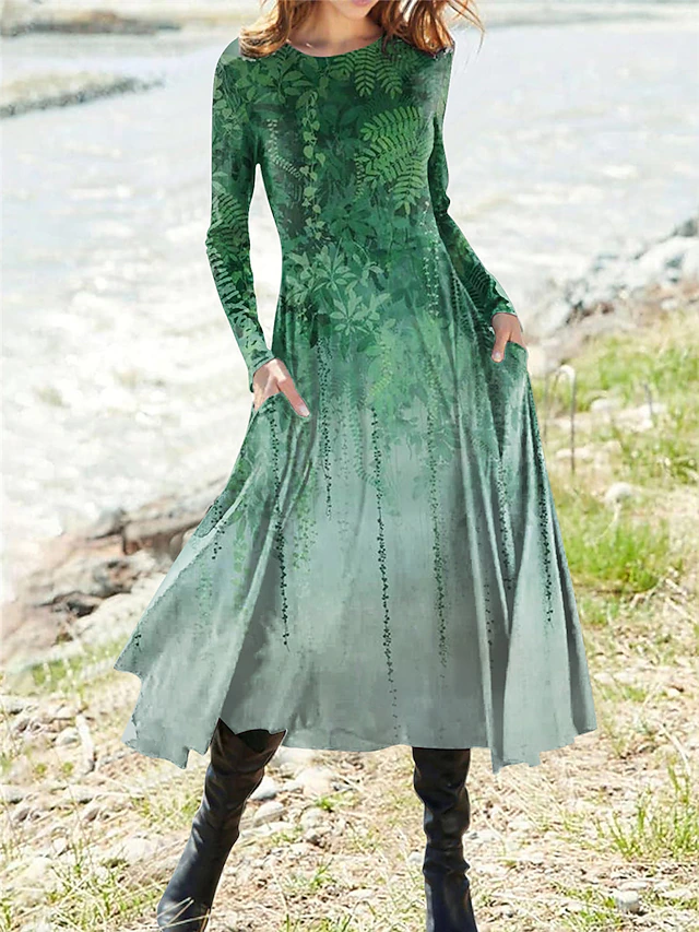 Women's Midi Dress Vintage Dress Casual Dress Winter Dress Swing Dress Vintage Ethnic Tribal Formal Vacation Party Regular Fit Floral Long Sleeve Crew Neck Wine Purple Green Khaki Fall Winter 6