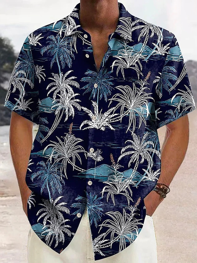  Grafisch Palmboom Palmblad Hawaii Voor heren Outdoorkleding Alledaagse kleding Weekend Zomer Strijkijzer Korte mouw Blauw Grijs S M L Overhemd Normaal