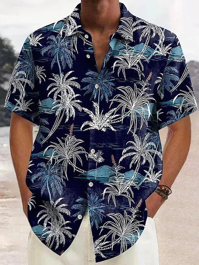 Palm Tree Shirt Men's Pattern Shirt Coconut Palm Tree Lapel Blue Gray ...