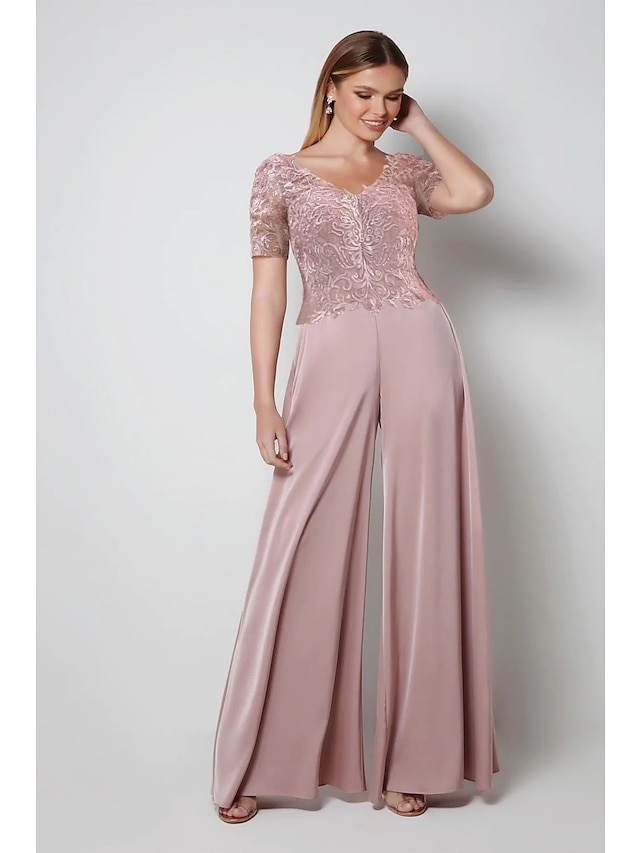  Two Piece Jumpsuits Mother of the Bride Dress Wedding Guest Elegant V Neck Floor Length Chiffon Lace Short Sleeve with Bow(s) 2024