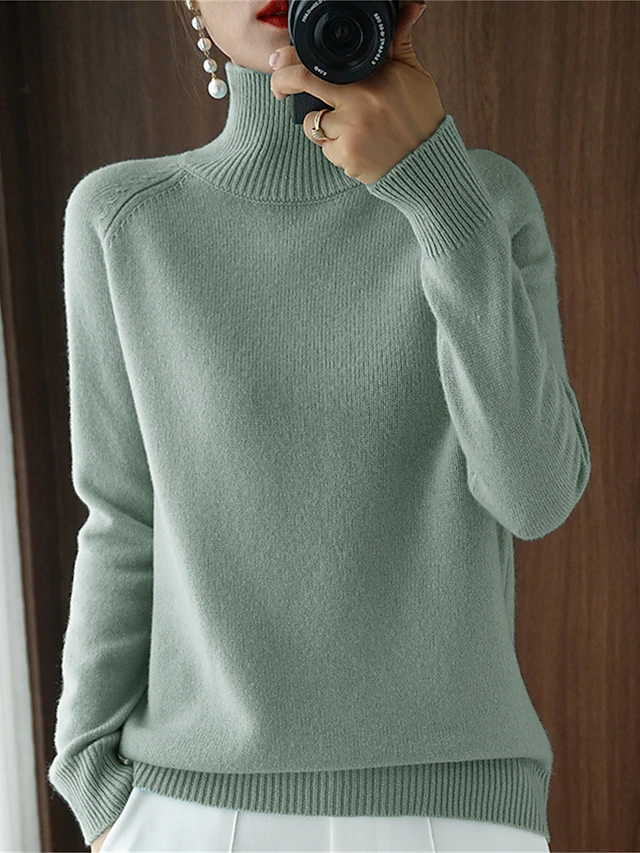 Women's Pullover Sweater Jumper Stylish Casual Soft Solid Color Ribbed Turtleneck Oversized Long Sleeve Regular Tops Knit Outdoor Valentine's Day Daily Black White Fall Winter 14