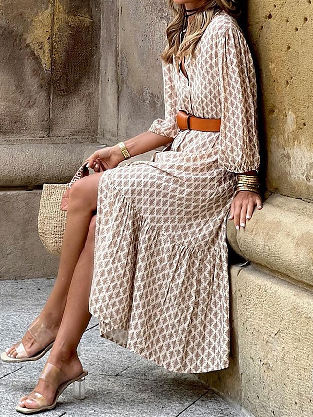 Women's Midi Dress Casual Dress Boho Chic Dresses Bohemia Streetwear A Line Vacation Street Holiday Loose Fit Floral Long Sleeve V Neck Khaki Summer Spring 6